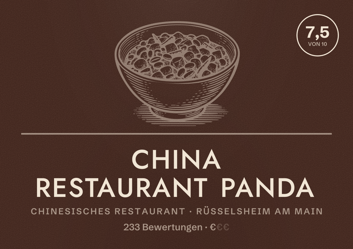 Illustriertes Poster von China Restaurant Panda, Chinesisches Restaurant in Rüsselsheim am Main: Bewertung 7,5 von 10 aus 233 Bewertungen, Preisniveau €