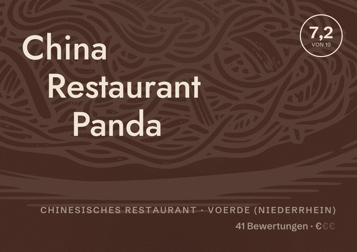 Illustriertes Poster von China Restaurant Panda, Chinesisches Restaurant in Voerde (Niederrhein): Bewertung 7,2 von 10 aus 41 Bewertungen, Preisniveau €