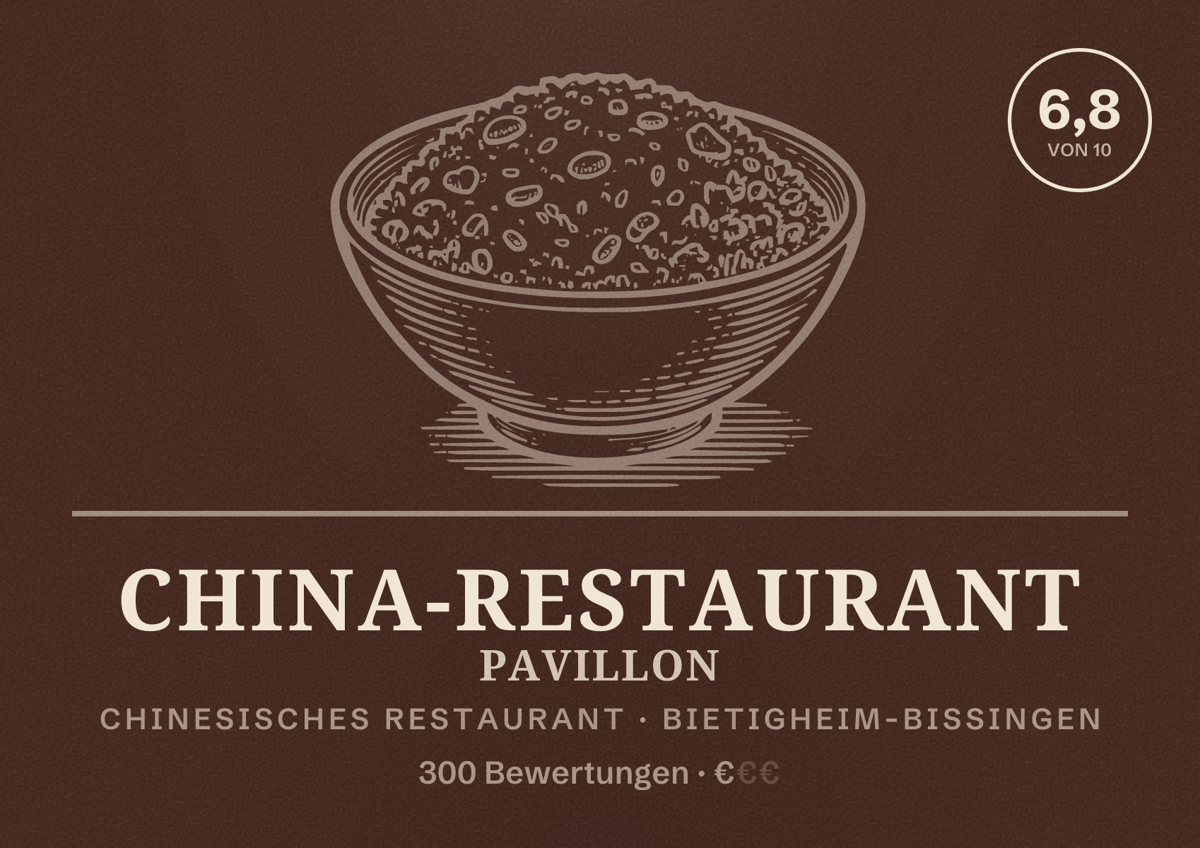 Illustriertes Poster von China-Restaurant Pavillon, Chinesisches Restaurant in Bietigheim-Bissingen: Bewertung 6,8 von 10 aus 300 Bewertungen, Preisniveau €