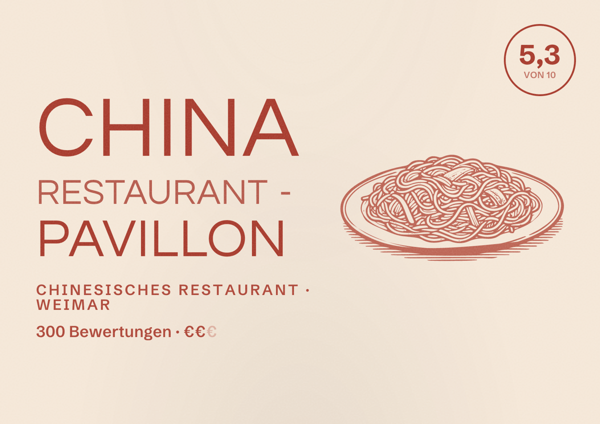 Illustriertes Poster von China Restaurant - Pavillon, Chinesisches Restaurant in Weimar: Bewertung 5,3 von 10 aus 300 Bewertungen, Preisniveau €€