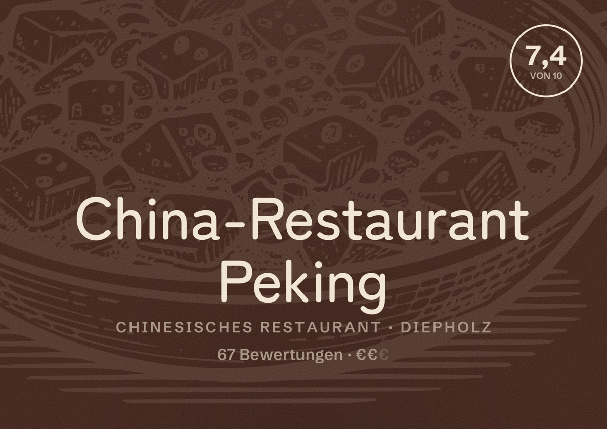 Illustriertes Poster von China-Restaurant Peking, Chinesisches Restaurant in Diepholz: Bewertung 7,4 von 10 aus 67 Bewertungen, Preisniveau €€
