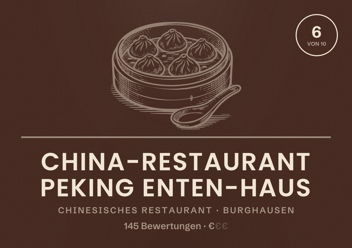 Illustriertes Poster von China-Restaurant Peking Enten-Haus, Chinesisches Restaurant in Burghausen: Bewertung 6 von 10 aus 145 Bewertungen, Preisniveau €