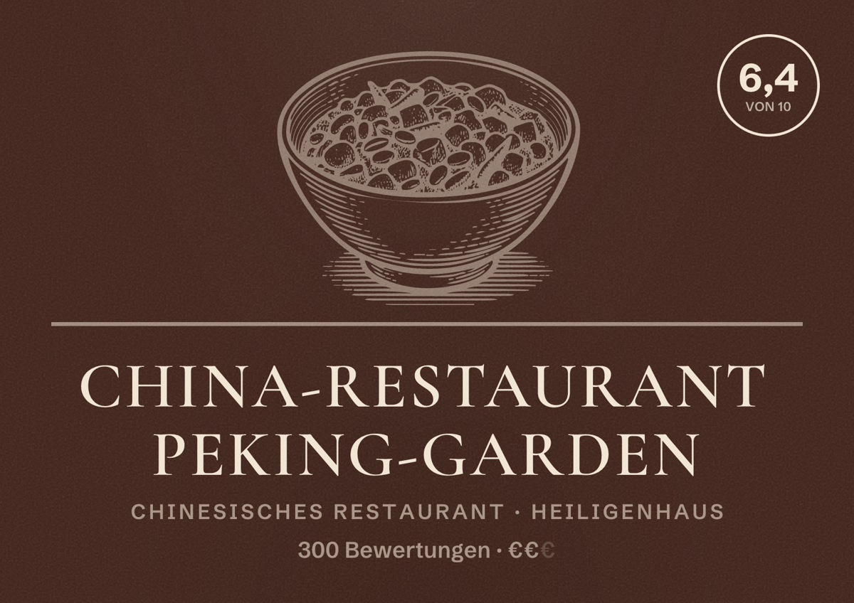 Illustriertes Poster von China-Restaurant Peking-Garden, Chinesisches Restaurant in Heiligenhaus: Bewertung 6,4 von 10 aus 300 Bewertungen, Preisniveau €€