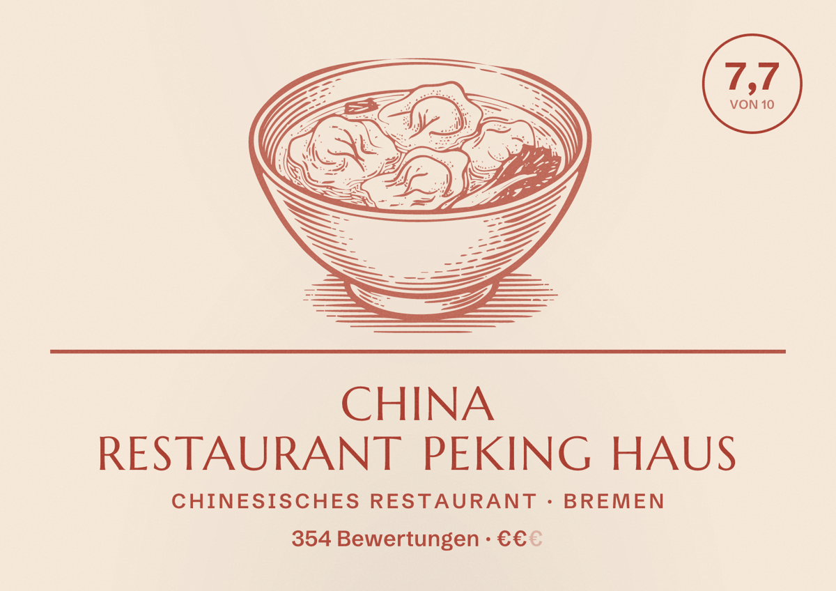 Illustriertes Poster von China Restaurant Peking Haus, Chinesisches Restaurant in Bremen: Bewertung 7,7 von 10 aus 354 Bewertungen, Preisniveau €€
