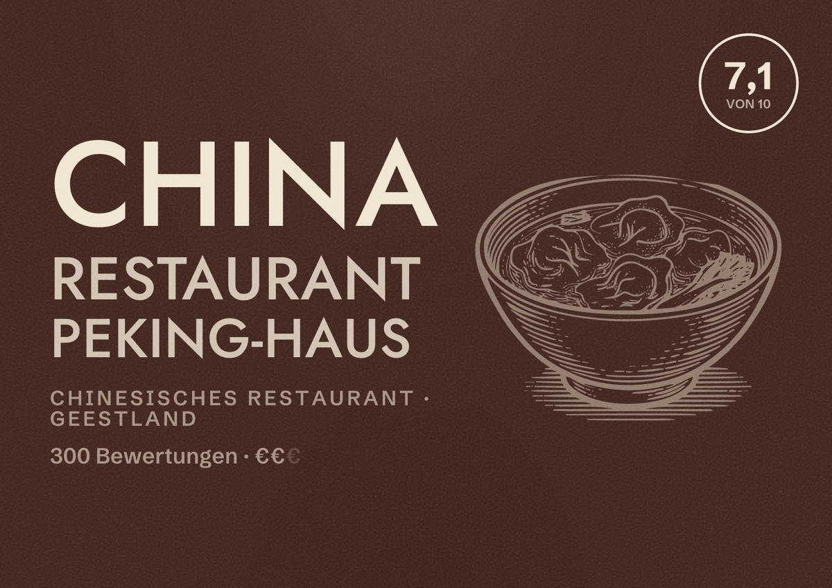 Illustriertes Poster von China Restaurant Peking-Haus, Chinesisches Restaurant in Geestland: Bewertung 7,1 von 10 aus 300 Bewertungen, Preisniveau €€