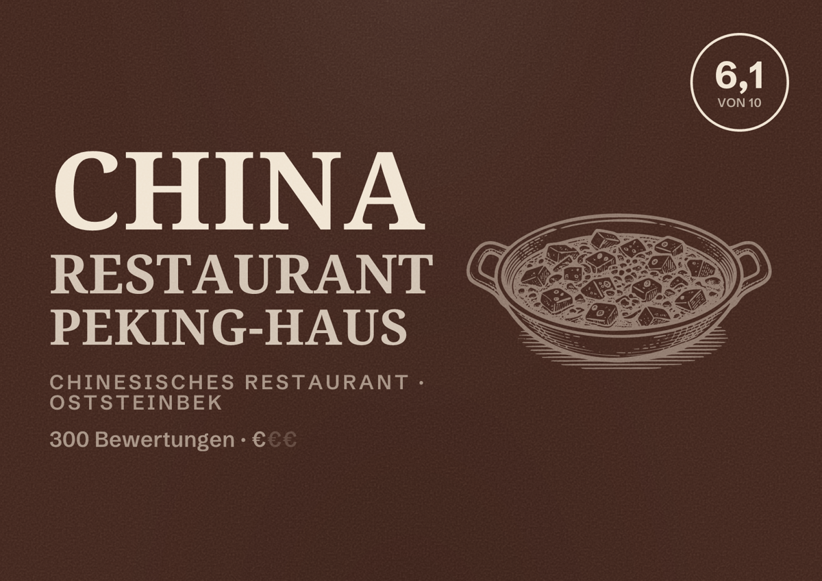 Illustriertes Poster von China Restaurant Peking-Haus, Chinesisches Restaurant in Oststeinbek: Bewertung 6,1 von 10 aus 300 Bewertungen, Preisniveau €