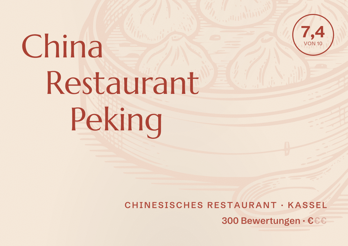 Illustriertes Poster von China Restaurant Peking, Chinesisches Restaurant in Kassel: Bewertung 7,4 von 10 aus 300 Bewertungen, Preisniveau €