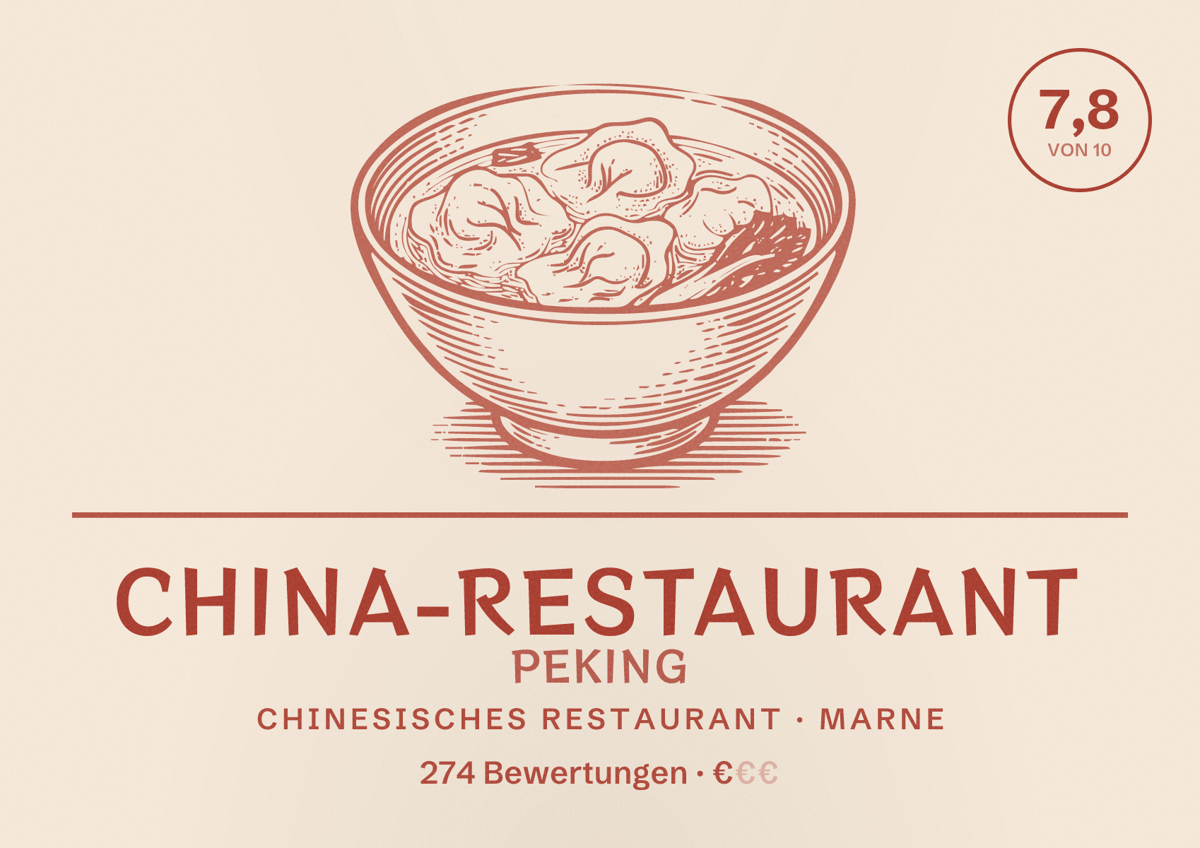 Illustriertes Poster von China-Restaurant Peking, Chinesisches Restaurant in Marne: Bewertung 7,8 von 10 aus 274 Bewertungen, Preisniveau €