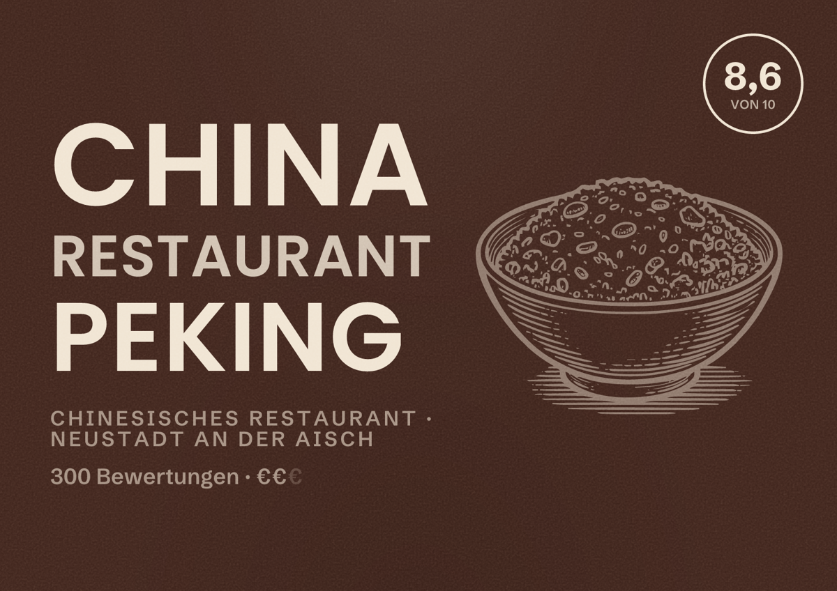Illustriertes Poster von China Restaurant Peking, Chinesisches Restaurant in Neustadt an der Aisch: Bewertung 8,6 von 10 aus 300 Bewertungen, Preisniveau €€