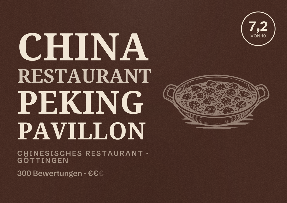 Illustriertes Poster von China Restaurant Peking Pavillon, Chinesisches Restaurant in Göttingen: Bewertung 7,2 von 10 aus 300 Bewertungen, Preisniveau €€