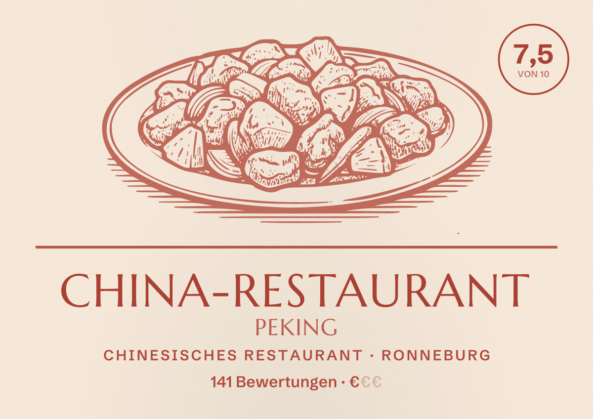 Illustriertes Poster von China-Restaurant Peking, Chinesisches Restaurant in Ronneburg: Bewertung 7,5 von 10 aus 141 Bewertungen, Preisniveau €