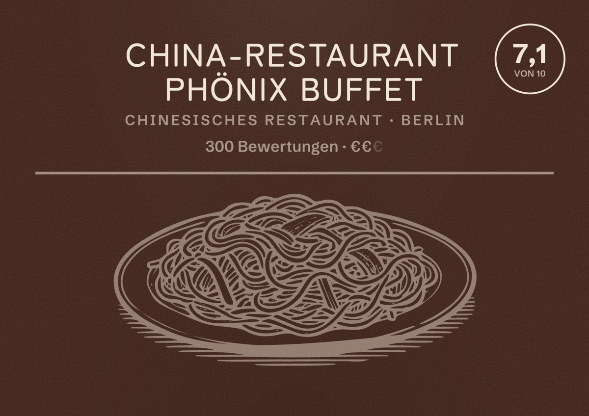 Illustriertes Poster von China-Restaurant Phönix Buffet, Chinesisches Restaurant in Berlin: Bewertung 7,1 von 10 aus 300 Bewertungen, Preisniveau €€
