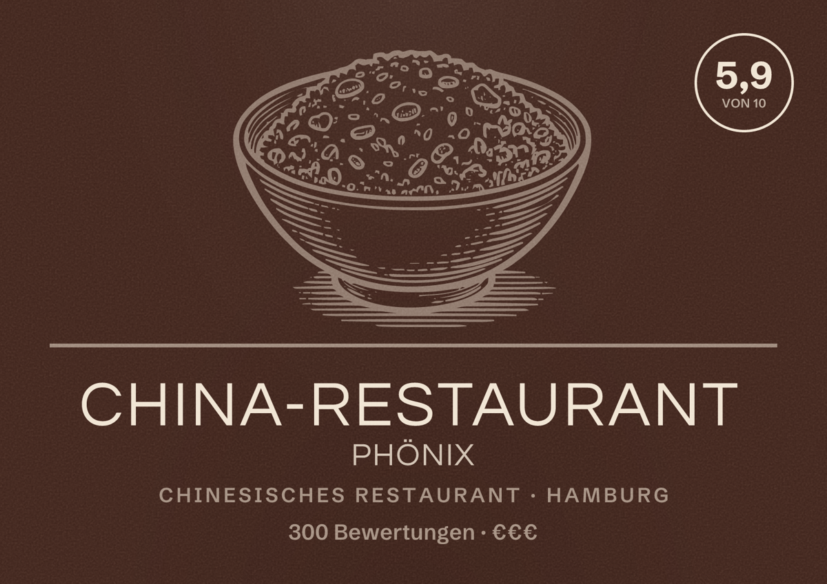 Illustriertes Poster von China-Restaurant Phönix, Chinesisches Restaurant in Hamburg: Bewertung 5,9 von 10 aus 300 Bewertungen, Preisniveau €€€