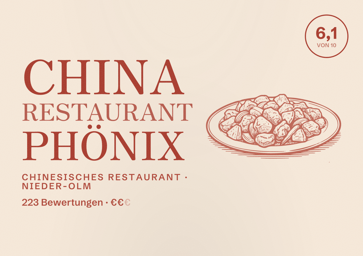 Illustriertes Poster von China Restaurant Phönix, Chinesisches Restaurant in Nieder-Olm: Bewertung 6,1 von 10 aus 223 Bewertungen, Preisniveau €€