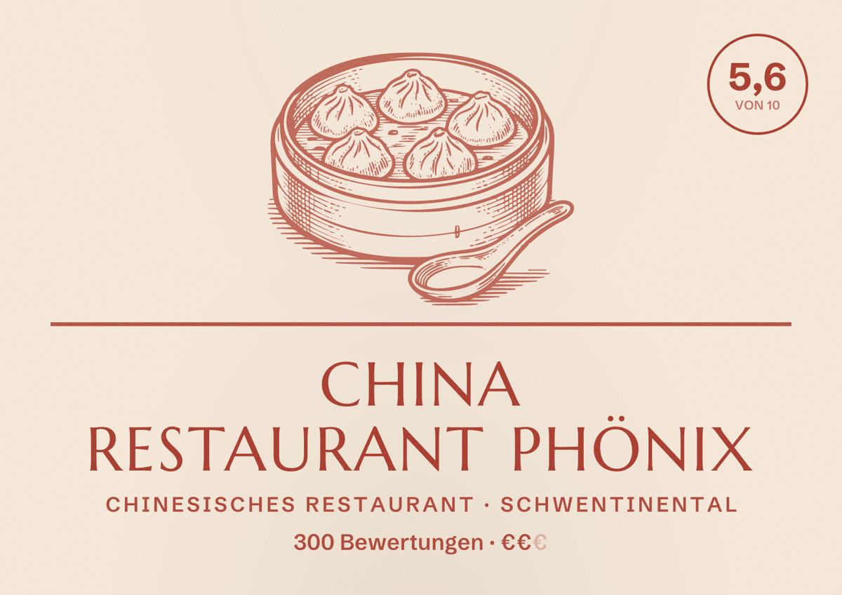 Illustriertes Poster von China Restaurant Phönix, Chinesisches Restaurant in Schwentinental: Bewertung 5,6 von 10 aus 300 Bewertungen, Preisniveau €€