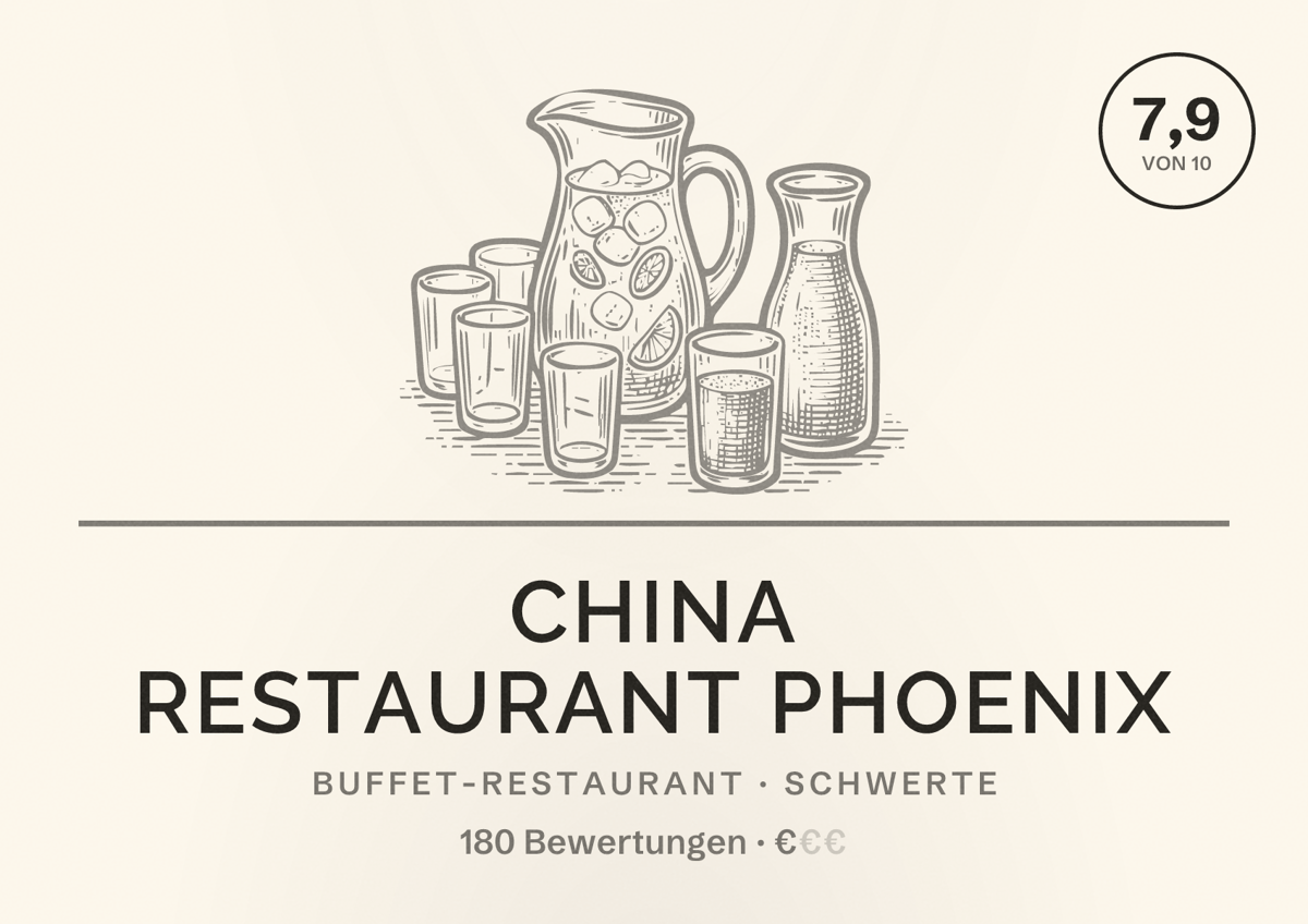 Illustriertes Poster von China Restaurant Phoenix, Buffet-Restaurant in Schwerte: Bewertung 7,9 von 10 aus 180 Bewertungen, Preisniveau €