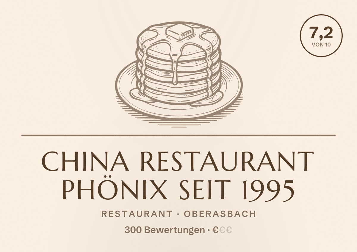 Illustriertes Poster von China Restaurant Phönix seit 1995, Restaurant in Oberasbach: Bewertung 7,2 von 10 aus 300 Bewertungen, Preisniveau €