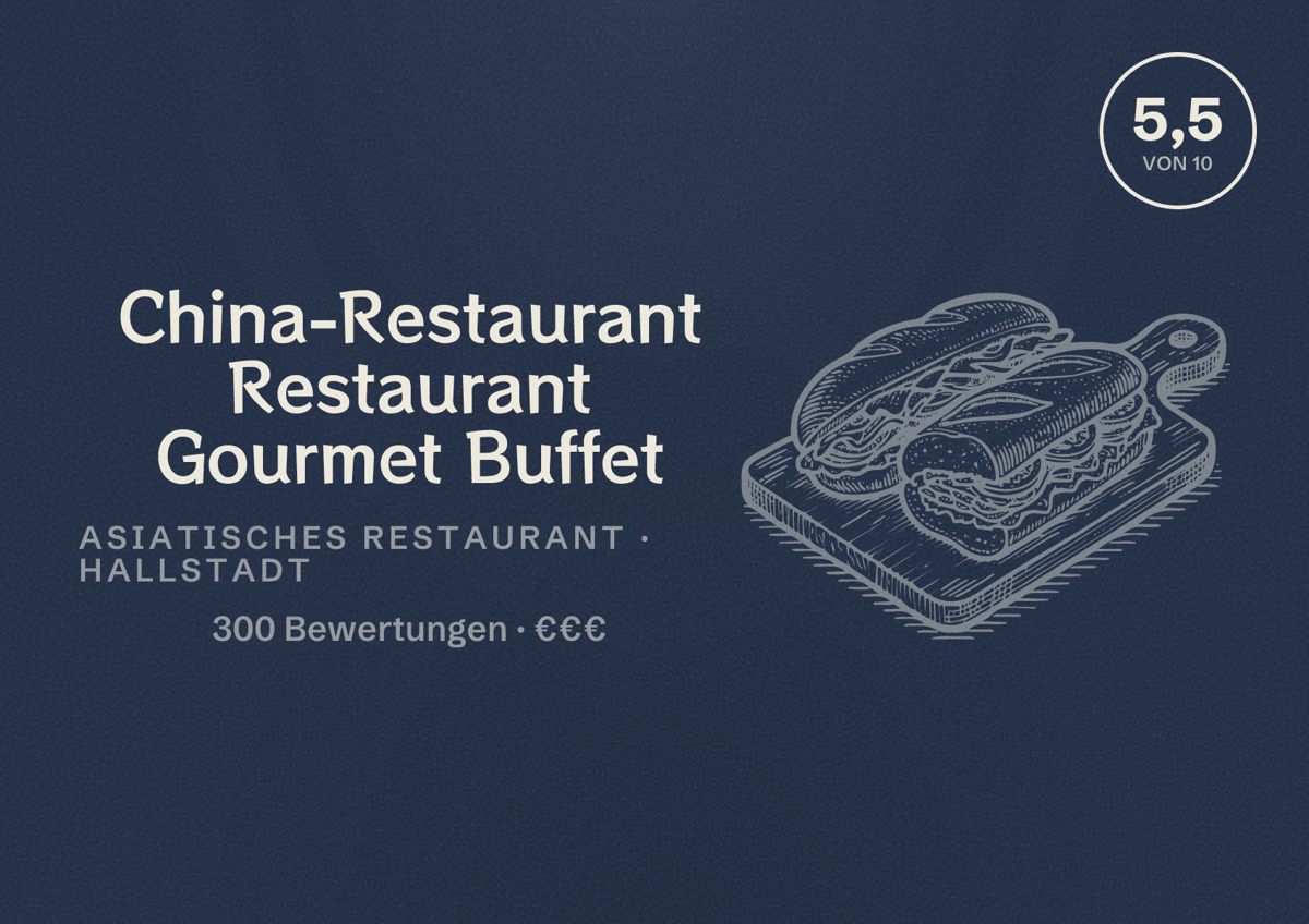 Illustriertes Poster von China-Restaurant Restaurant Gourmet Buffet, Asiatisches Restaurant in Hallstadt: Bewertung 5,5 von 10 aus 300 Bewertungen, Preisniveau €€€