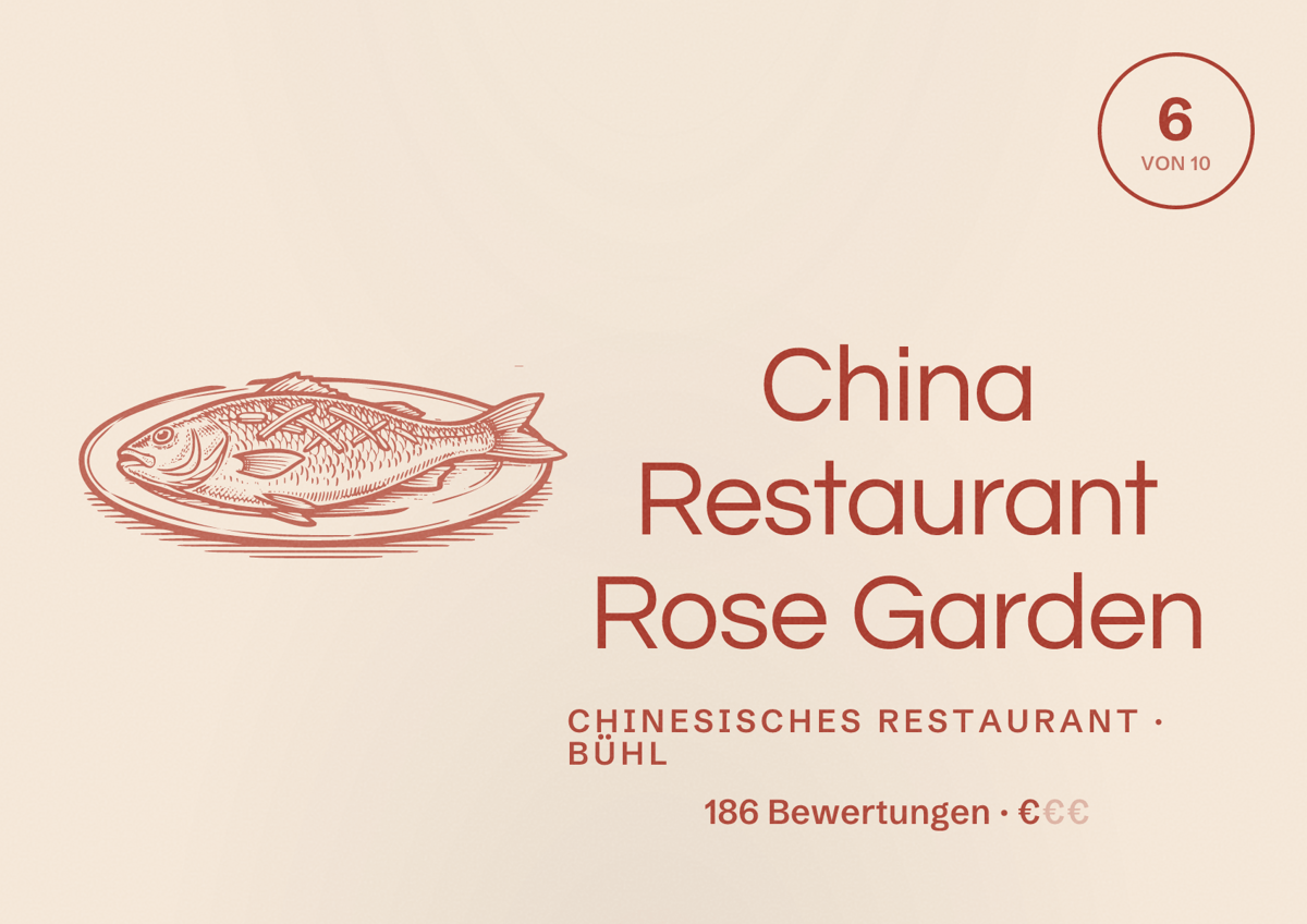 Illustriertes Poster von China Restaurant Rose Garden, Chinesisches Restaurant in Bühl: Bewertung 6 von 10 aus 186 Bewertungen, Preisniveau €