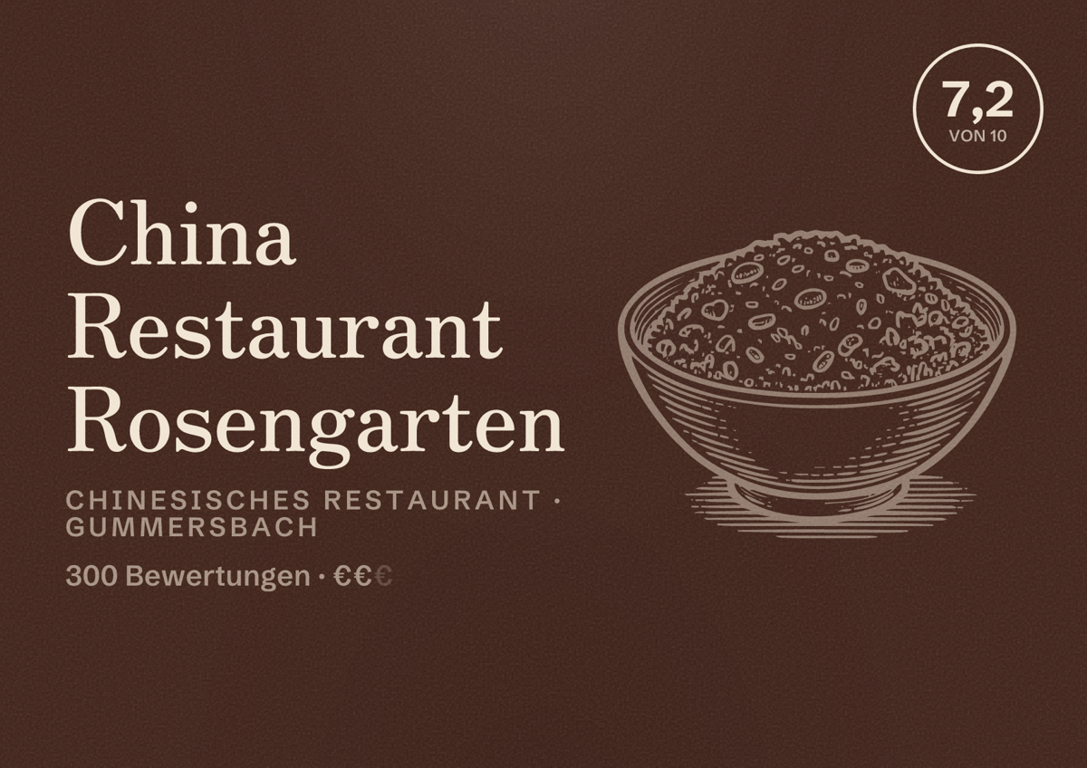 Illustriertes Poster von China Restaurant Rosengarten, Chinesisches Restaurant in Gummersbach: Bewertung 7,2 von 10 aus 300 Bewertungen, Preisniveau €€