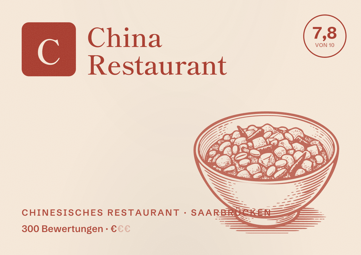 Illustriertes Poster von China Restaurant, Chinesisches Restaurant in Saarbrücken: Bewertung 7,8 von 10 aus 300 Bewertungen, Preisniveau €