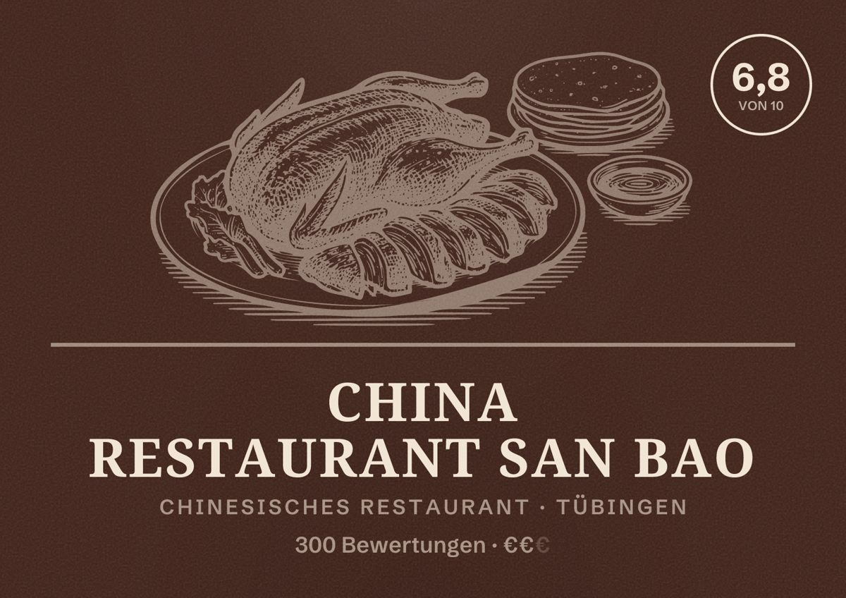 Illustriertes Poster von China Restaurant San Bao, Chinesisches Restaurant in Tübingen: Bewertung 6,8 von 10 aus 300 Bewertungen, Preisniveau €€