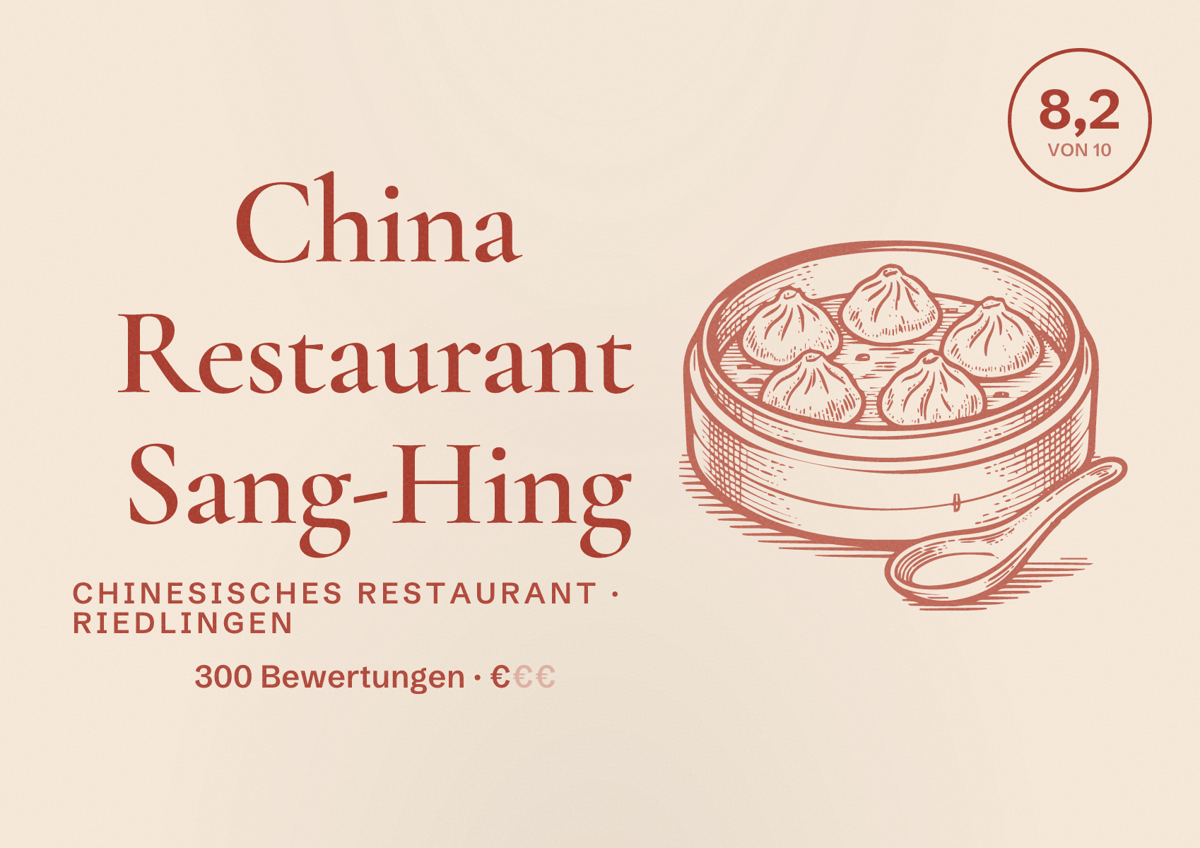 Illustriertes Poster von China Restaurant Sang-Hing, Chinesisches Restaurant in Riedlingen: Bewertung 8,2 von 10 aus 300 Bewertungen, Preisniveau €