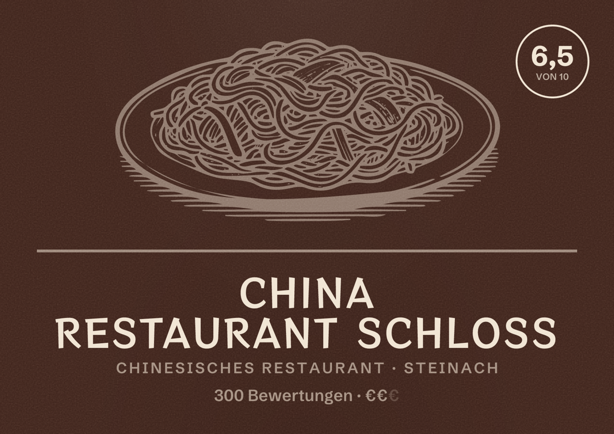 Illustriertes Poster von China Restaurant Schloss, Chinesisches Restaurant in Steinach: Bewertung 6,5 von 10 aus 300 Bewertungen, Preisniveau €€