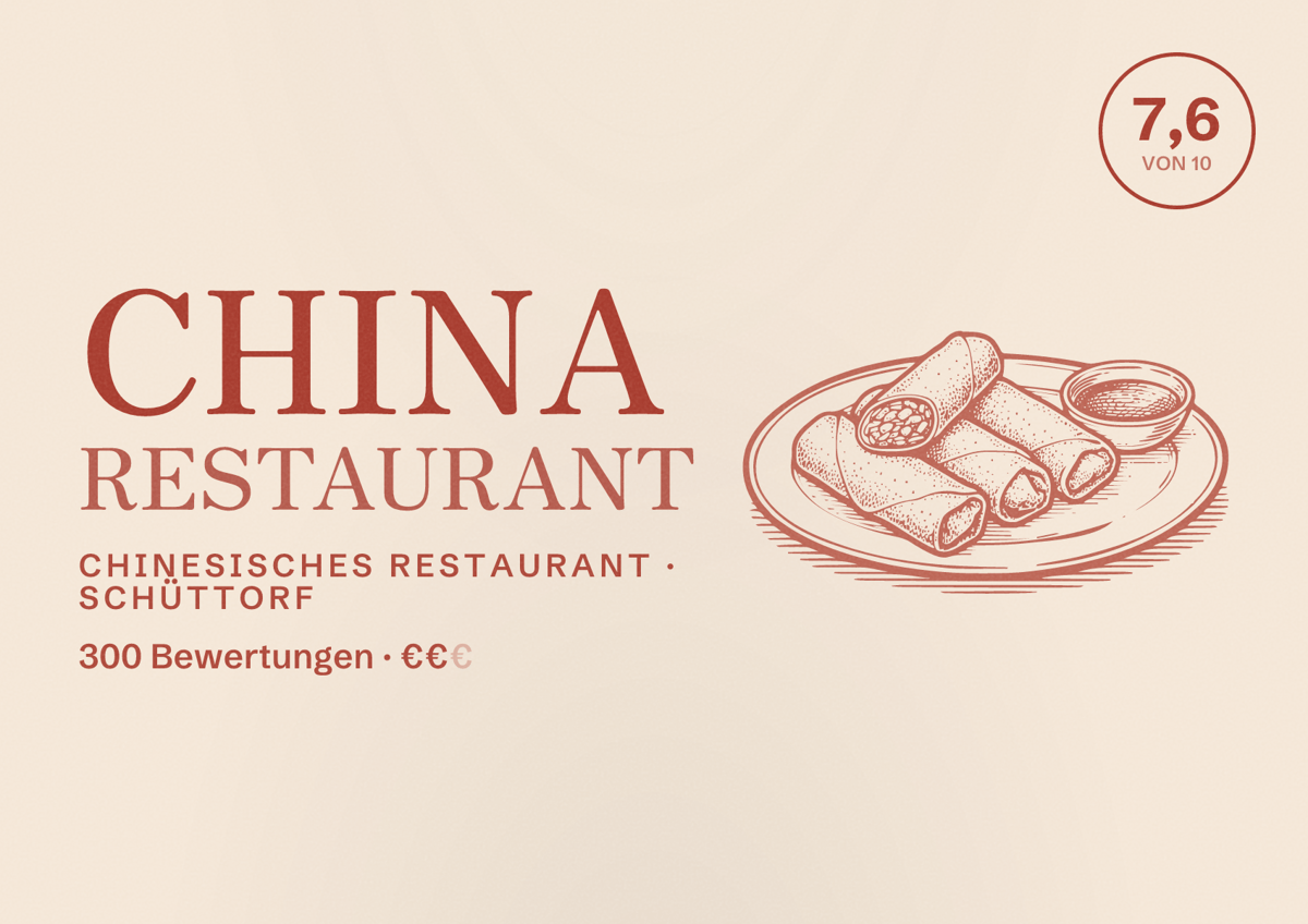 Illustriertes Poster von China Restaurant, Chinesisches Restaurant in Schüttorf: Bewertung 7,6 von 10 aus 300 Bewertungen, Preisniveau €€