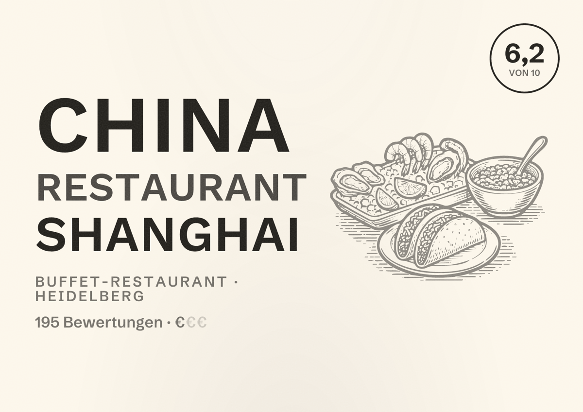 Illustriertes Poster von China Restaurant Shanghai, Buffet-Restaurant in Heidelberg: Bewertung 6,2 von 10 aus 195 Bewertungen, Preisniveau €