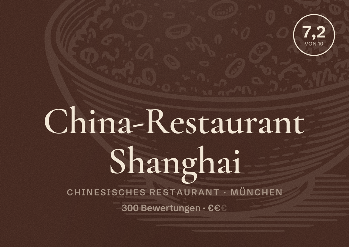 Illustriertes Poster von China-Restaurant Shanghai, Chinesisches Restaurant in München: Bewertung 7,2 von 10 aus 300 Bewertungen, Preisniveau €€