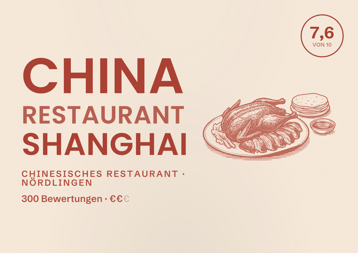 Illustriertes Poster von China Restaurant Shanghai, Chinesisches Restaurant in Nördlingen: Bewertung 7,6 von 10 aus 300 Bewertungen, Preisniveau €€