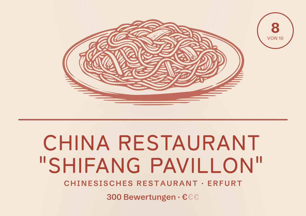 Illustriertes Poster von China Restaurant "ShiFang Pavillon", Chinesisches Restaurant in Erfurt: Bewertung 8,0 von 10 aus 300 Bewertungen, Preisniveau €