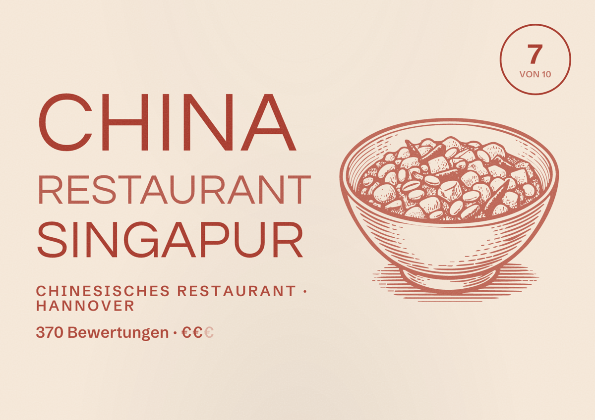 Illustriertes Poster von China Restaurant Singapur, Chinesisches Restaurant in Hannover: Bewertung 7 von 10 aus 370 Bewertungen, Preisniveau €€