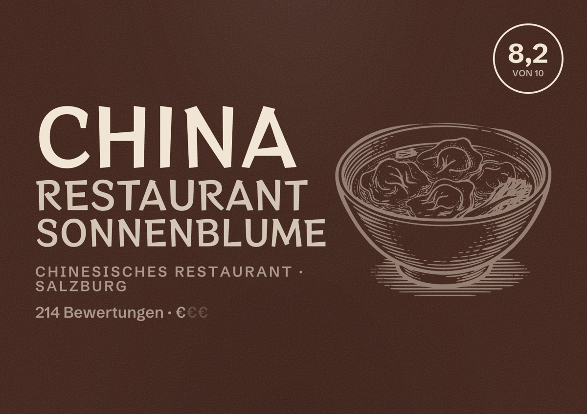Illustriertes Poster von China Restaurant Sonnenblume, Chinesisches Restaurant in Salzburg: Bewertung 8,2 von 10 aus 214 Bewertungen, Preisniveau €