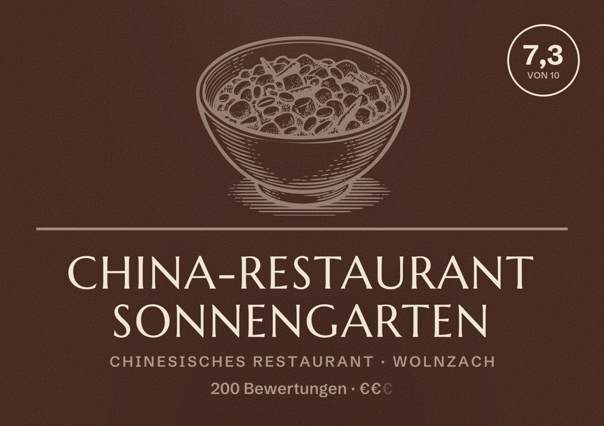 Illustriertes Poster von China-Restaurant Sonnengarten, Chinesisches Restaurant in Wolnzach: Bewertung 7,3 von 10 aus 200 Bewertungen, Preisniveau €€