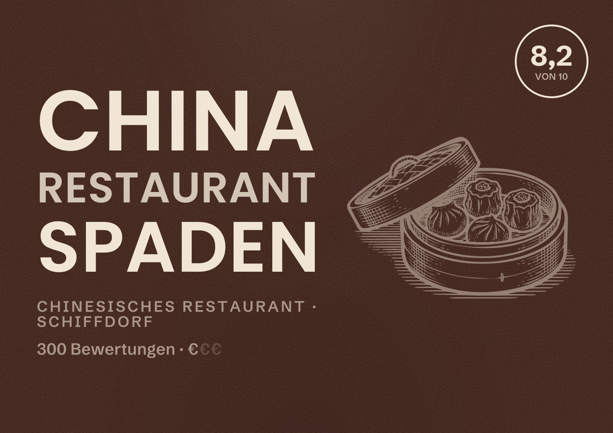 Illustriertes Poster von China Restaurant Spaden, Chinesisches Restaurant in Schiffdorf: Bewertung 8,2 von 10 aus 300 Bewertungen, Preisniveau €