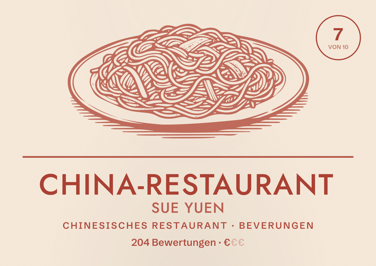 Illustriertes Poster von China-Restaurant Sue Yuen, Chinesisches Restaurant in Beverungen: Bewertung 7 von 10 aus 204 Bewertungen, Preisniveau €