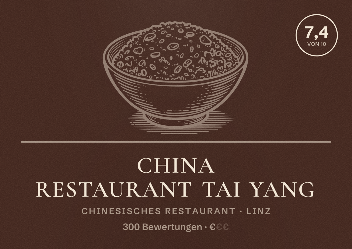Illustriertes Poster von China Restaurant Tai Yang, Chinesisches Restaurant in Linz: Bewertung 7,4 von 10 aus 300 Bewertungen, Preisniveau €