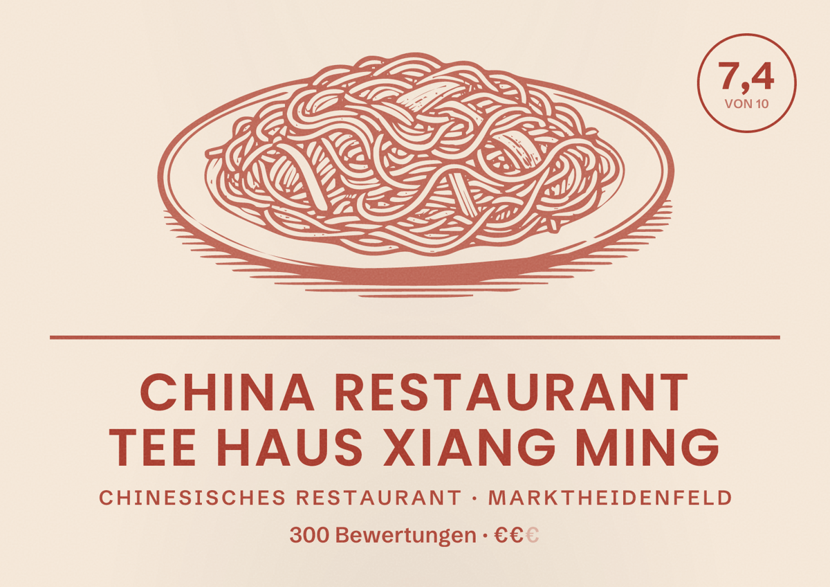 Illustriertes Poster von China Restaurant Tee Haus Xiang Ming, Chinesisches Restaurant in Marktheidenfeld: Bewertung 7,4 von 10 aus 300 Bewertungen, Preisniveau €€