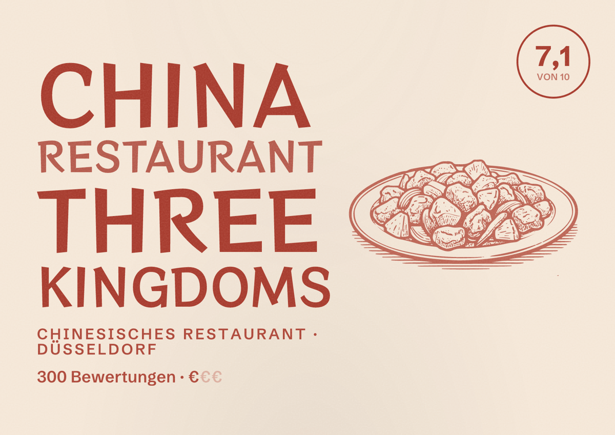 Illustriertes Poster von China Restaurant Three Kingdoms, Chinesisches Restaurant in Düsseldorf: Bewertung 7,1 von 10 aus 300 Bewertungen, Preisniveau €
