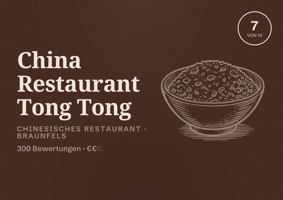 Illustriertes Poster von China Restaurant Tong Tong, Chinesisches Restaurant in Braunfels: Bewertung 7 von 10 aus 300 Bewertungen, Preisniveau €€