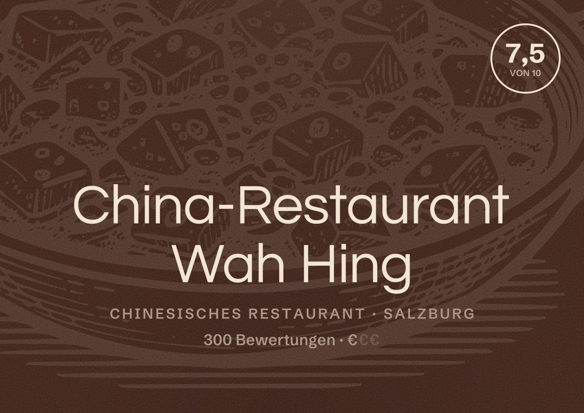 Illustriertes Poster von China-Restaurant Wah Hing, Chinesisches Restaurant in Salzburg: Bewertung 7,5 von 10 aus 300 Bewertungen, Preisniveau €
