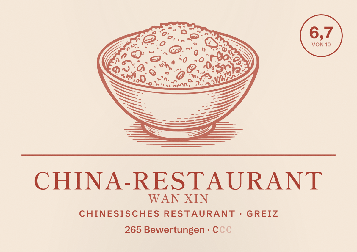 Illustriertes Poster von China-Restaurant Wan Xin, Chinesisches Restaurant in Greiz: Bewertung 6,7 von 10 aus 265 Bewertungen, Preisniveau €