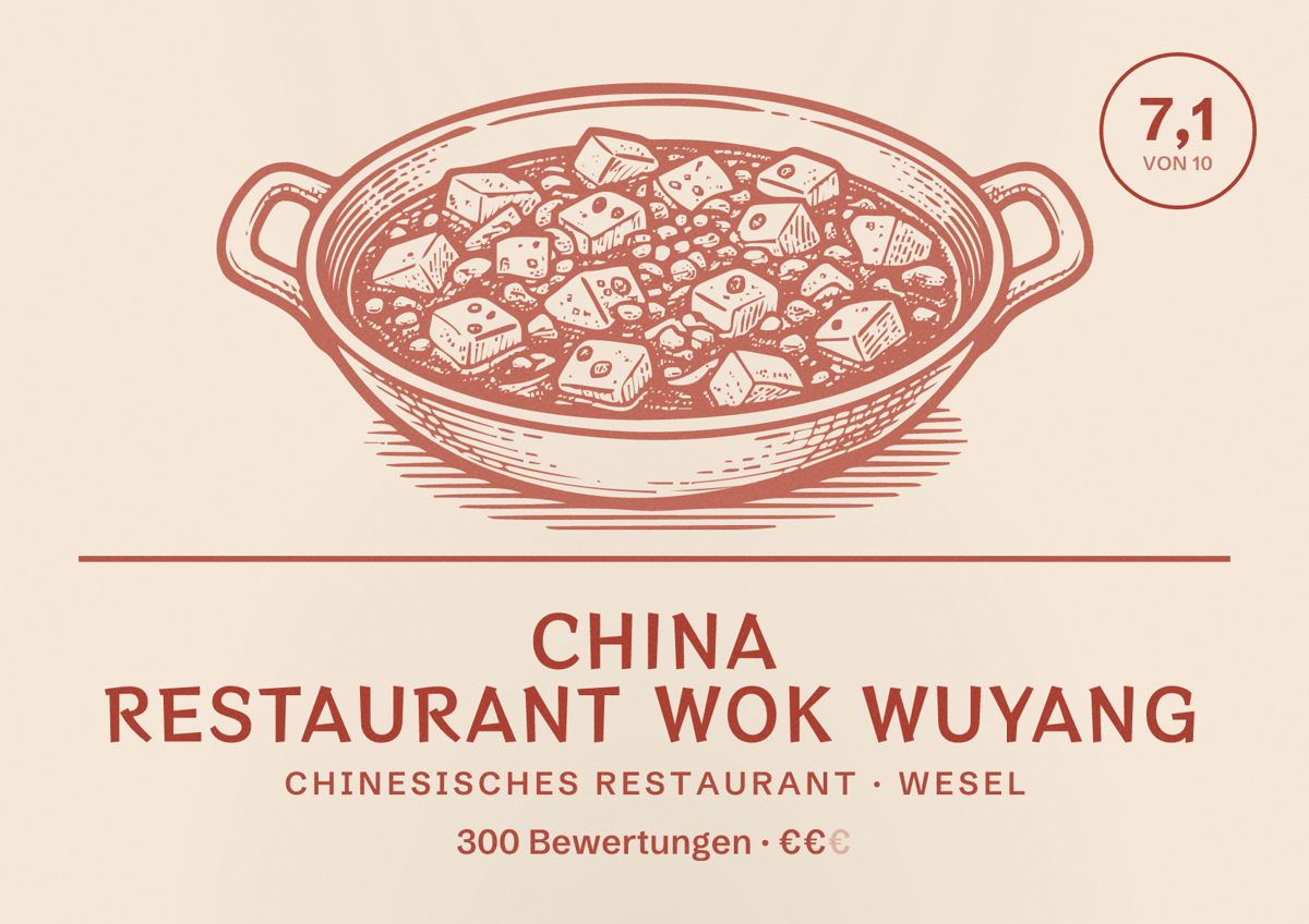 Illustriertes Poster von China Restaurant Wok Wuyang, Chinesisches Restaurant in Wesel: Bewertung 7,1 von 10 aus 300 Bewertungen, Preisniveau €€