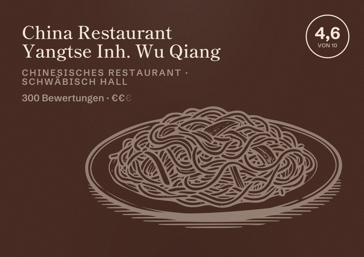 Illustriertes Poster von China Restaurant Yangtse Inh. Wu Qiang, Chinesisches Restaurant in Schwäbisch Hall: Bewertung 4,6 von 10 aus 300 Bewertungen, Preisniveau €€