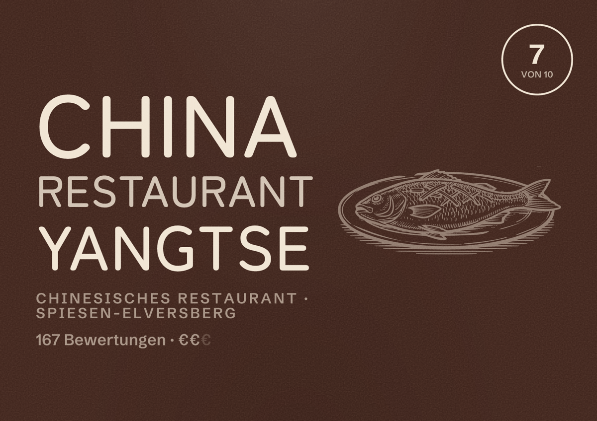 Illustriertes Poster von China Restaurant Yangtse, Chinesisches Restaurant in Spiesen-Elversberg: Bewertung 7 von 10 aus 167 Bewertungen, Preisniveau €€