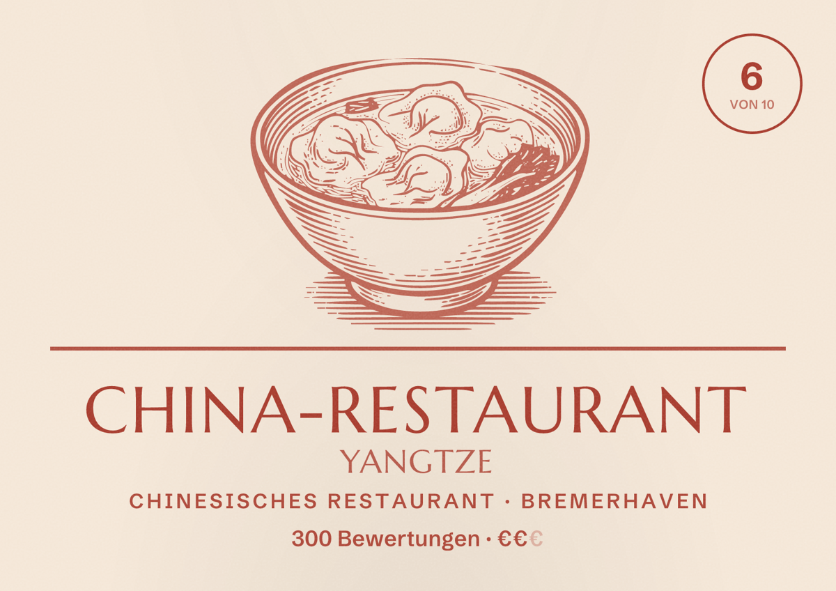 Illustriertes Poster von China-Restaurant Yangtze, Chinesisches Restaurant in Bremerhaven: Bewertung 6 von 10 aus 300 Bewertungen, Preisniveau €€