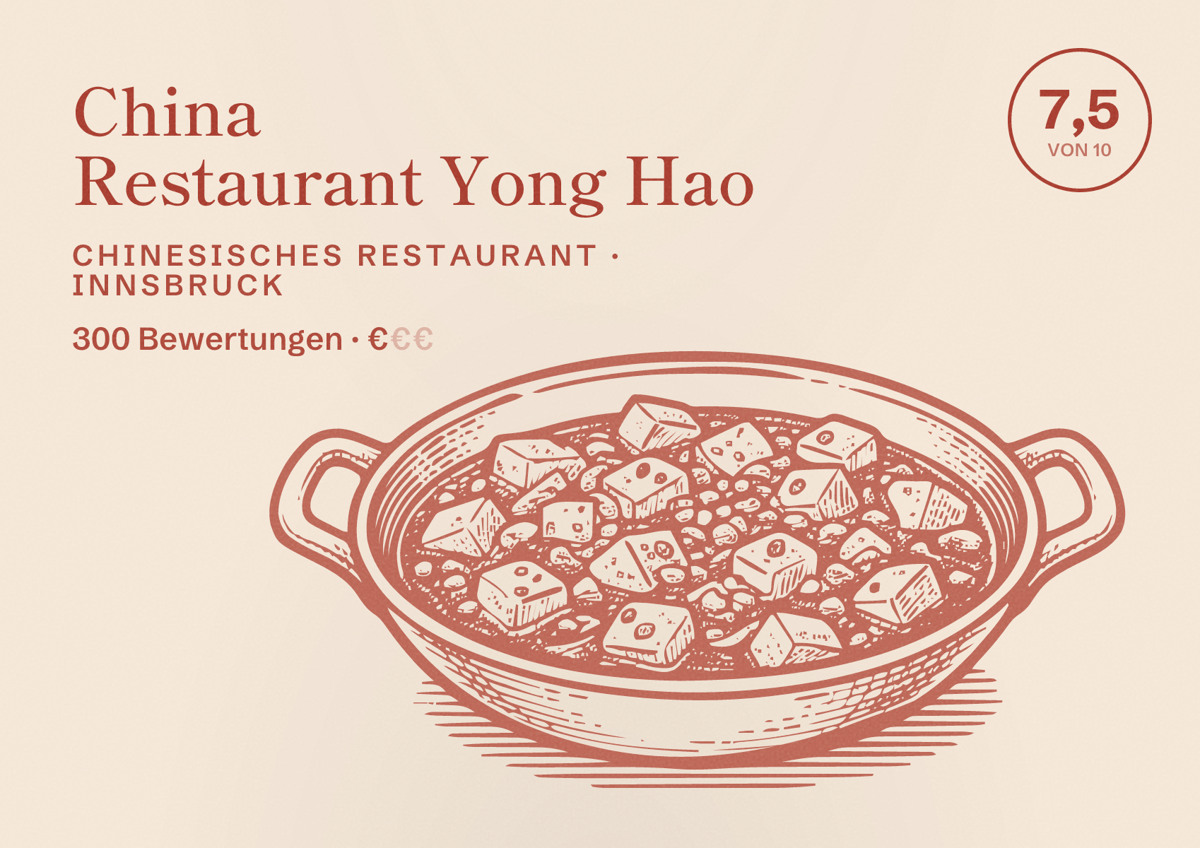 Illustriertes Poster von China Restaurant Yong Hao, Chinesisches Restaurant in Innsbruck: Bewertung 7,5 von 10 aus 300 Bewertungen, Preisniveau €