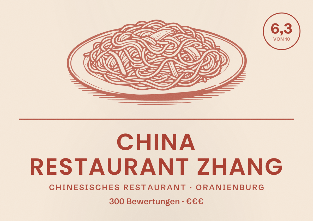 Illustriertes Poster von China Restaurant Zhang, Chinesisches Restaurant in Oranienburg: Bewertung 6,3 von 10 aus 300 Bewertungen, Preisniveau €€€